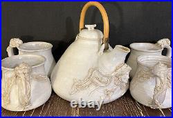Nan Kirstein Pottery Art Nouveau Set Lady Face Tea Pot and 4 Cups
