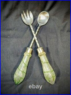 Nice Art Nouveau Palmer Konig green threaded overshot glass salad serving set