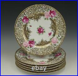 Nippon Heavy Gold Moriage Hand Painted Pink Roses Set Of 6 Plates Antique