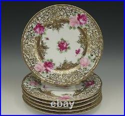 Nippon Heavy Gold Moriage Hand Painted Pink Roses Set Of 6 Plates Antique