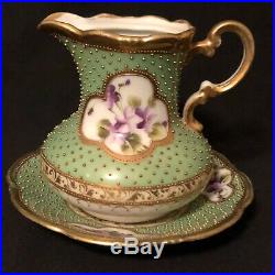 Nippon Maple Leaf Mark Moriage Creamer And Saucer Set/Mini Pitcher, Hand Painted