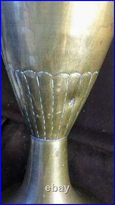 Old Antique Pair of Two Art Nouveau Style Brass Urns Vases Set Floral Embossed