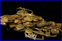 Old Art Nouveau Jumbo Piddly Links Hearts Charm Bracelet Necklace Brass Set Mr