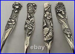 Original Set Of All 12 Shiebler Flora Figural Art Nouveau Sterling Teaspoons