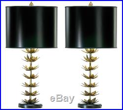 PAIR French Chinoiserie Tole Lotus Table Lamp Black Gold Living Room Bedroom SET