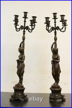 Pair Of100% Bronze Statue Art Nouveau Girls Candlestick Candelabras 2 Pieces Set