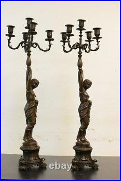 Pair Of100% Bronze Statue Art Nouveau Girls Candlestick Candelabras 2 Pieces Set