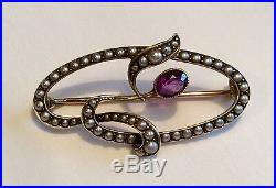 Period Art Nouveau 15ct gold brooch, set with seed pearls and a small amethyst