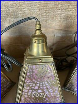 Pink Slag Glass and Brass Art Nouveau Hanging Lamps Set of Three