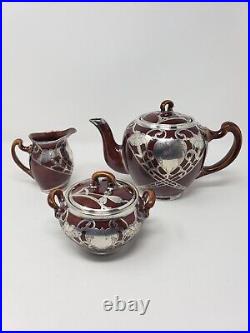 Porcelain Chocolate Brown Tea Set Art Nouveau Silver Overlay. 999 Fine Alvin