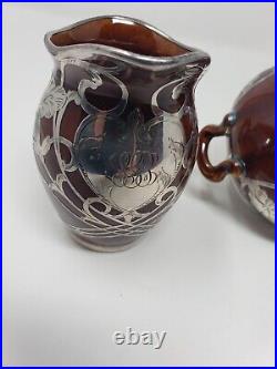 Porcelain Chocolate Brown Tea Set Art Nouveau Silver Overlay. 999 Fine Alvin