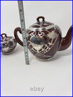 Porcelain Chocolate Brown Tea Set Art Nouveau Silver Overlay. 999 Fine Alvin