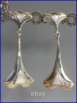 Pretty Silver Mother of Pearl set Art Nouveau Style Long Drop Earrings