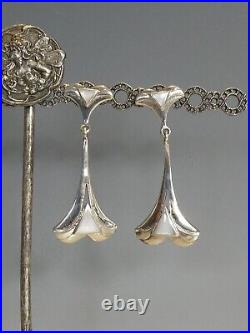 Pretty Silver Mother of Pearl set Art Nouveau Style Long Drop Earrings