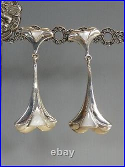 Pretty Silver Mother of Pearl set Art Nouveau Style Long Drop Earrings