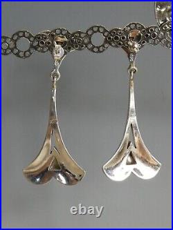 Pretty Silver Mother of Pearl set Art Nouveau Style Long Drop Earrings