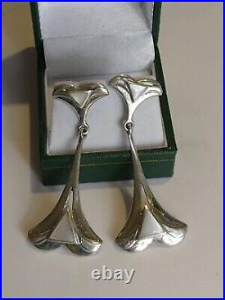 Pretty Silver Mother of Pearl set Art Nouveau Style Long Drop Earrings