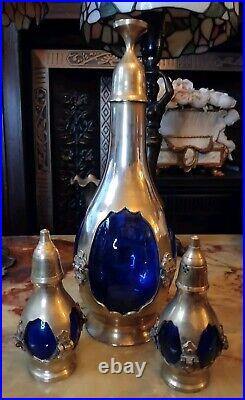 RARE Art NOUVEAU Antique Cobolt Blue Caged Glass Set