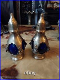 RARE Art NOUVEAU Antique Cobolt Blue Caged Glass Set