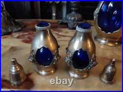 RARE Art NOUVEAU Antique Cobolt Blue Caged Glass Set