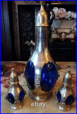 RARE Art NOUVEAU Antique Cobolt Blue Caged Glass Set