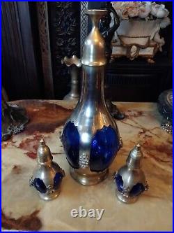 RARE Art NOUVEAU Antique Cobolt Blue Caged Glass Set