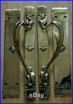RARE Set Antique Pull Door Handles with Push Plates Brass Art Nouveau HEAVY