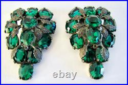 RARE Victorian Art Nouveau Dress Clips Pair Set Green Rhinestone Vines