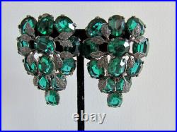 RARE Victorian Art Nouveau Dress Clips Pair Set Green Rhinestone Vines