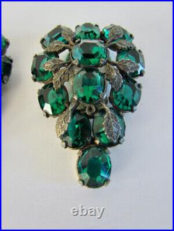 RARE Victorian Art Nouveau Dress Clips Pair Set Green Rhinestone Vines