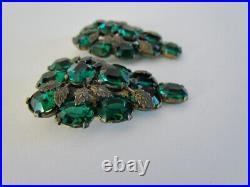 RARE Victorian Art Nouveau Dress Clips Pair Set Green Rhinestone Vines