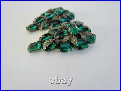 RARE Victorian Art Nouveau Dress Clips Pair Set Green Rhinestone Vines