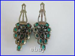 RARE Victorian Art Nouveau Dress Clips Pair Set Green Rhinestone Vines