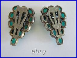 RARE Victorian Art Nouveau Dress Clips Pair Set Green Rhinestone Vines