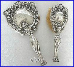 Rare 2 pc Unger Brothers Nouveau Lady Sterling Silver Mirror Brush Set Des Fleur