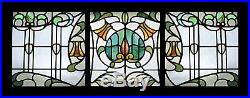 Rare Art Nouveau English Antique Set Of 3 Floral Stained Glass Windows