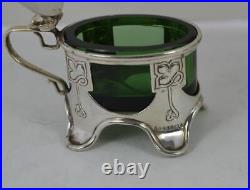 Rare Art Nouveau Three Piece Sterling Silver and Green Glass Cruet Set L&S