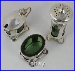 Rare Art Nouveau Three Piece Sterling Silver and Green Glass Cruet Set L&S
