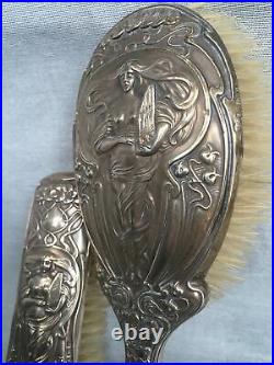 Rare Edwardian Art Nouveau Maiden HM Silver Repousse Dressing Table Brush Set