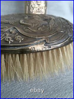 Rare Edwardian Art Nouveau Maiden HM Silver Repousse Dressing Table Brush Set