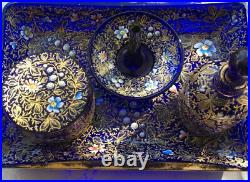 Rare MOSER BIEDERMEIER CZECH DRESSING TABLE SET ENAMEL COBALT GLASS gilded