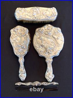 Rare Set Antique Kerr American Beauty Art Nouveau Sterling Silver Vanity Set