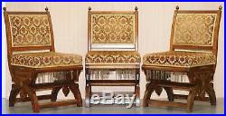 Rare Set Of Six Gothic Revival Ornately Carved Walnut Gilt Metal Fittings Chairs