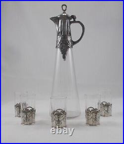 Rare Stylish 6-tlg. Liqueur Set Art Nouveau WMF Crystal Glass With Metal Fitting