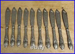 Rare Vtg Art Nouveau 800 Silver Knives Set Of 10 Tulip Flower Designed Engraved