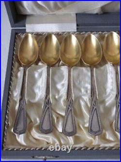 Rare WMF 1910 ART NOUVEAU silvered guilt MOKKA Spoons Set 12 No. 37 Wellenband