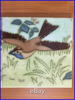 Rare tubelined c1900 hemiksem gilliot belgium art nouveau three tile bird set