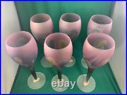 Reuven Art Nouveau Frosted Satin Pastel Swirl Wine Glasses Hand Painted Set of 6