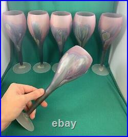 Reuven Art Nouveau Frosted Satin Pastel Swirl Wine Glasses Hand Painted Set of 6