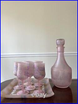Reuven Hebron Art Nouveau Decanter Glass Set Frosted Pink Set Of 8